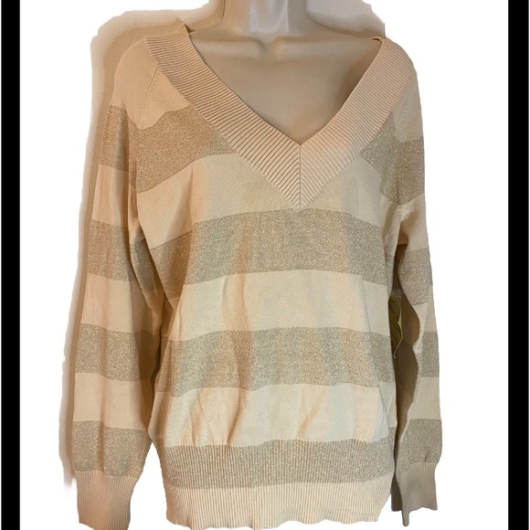 High Sierra Women’s Gold/Cream Striped V Neck Sweater Sz XL Cotton Blend NWT - Picture 1 of 5